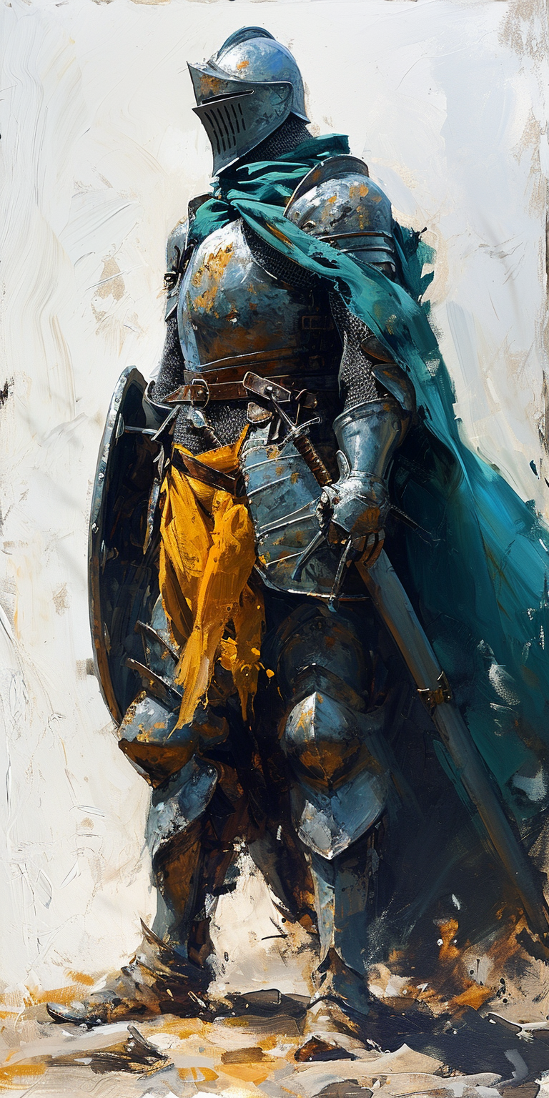 AI generated: Midjourney prompt: a drawing of a knight with shield and cloak, in th... (Midjourney - Portraits)