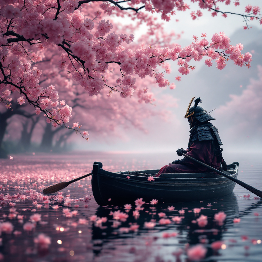 صورة مولدة بالذكاء الاصطناعي: FLUX prompt: a samurai in a boat in the middle of the cherry bl... (نموذج FLUX - مناظر طبيعية)