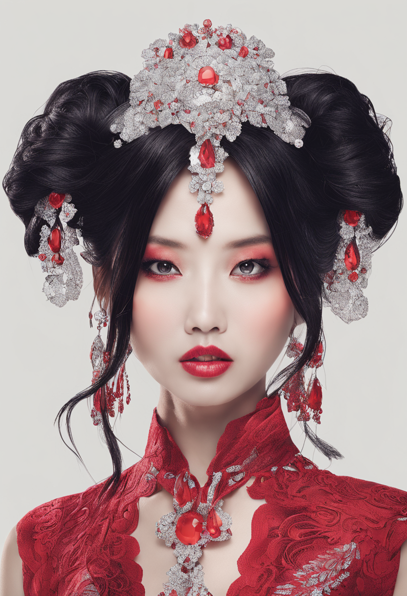 صورة مولدة بالذكاء الاصطناعي: Stable Diffusion prompt: [Ruby lady, Asian lady] all in red, pretty makeup,... (نموذج Stable Diffusion - تصوير فوتوغرافي)