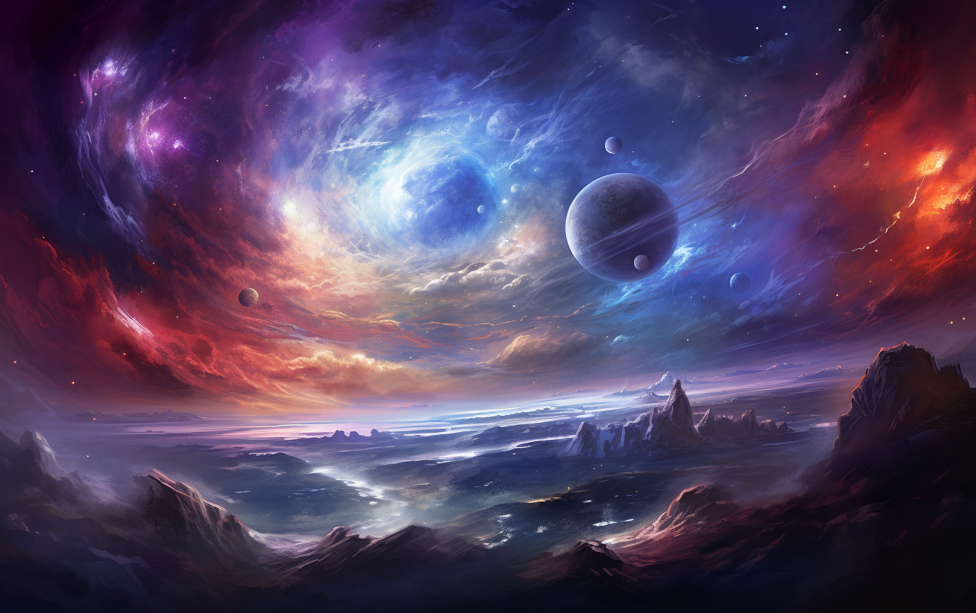 AI generated: Midjourney prompt: a galaxy with blue water, a red star and many plan... (Midjourney - Landscapes)
