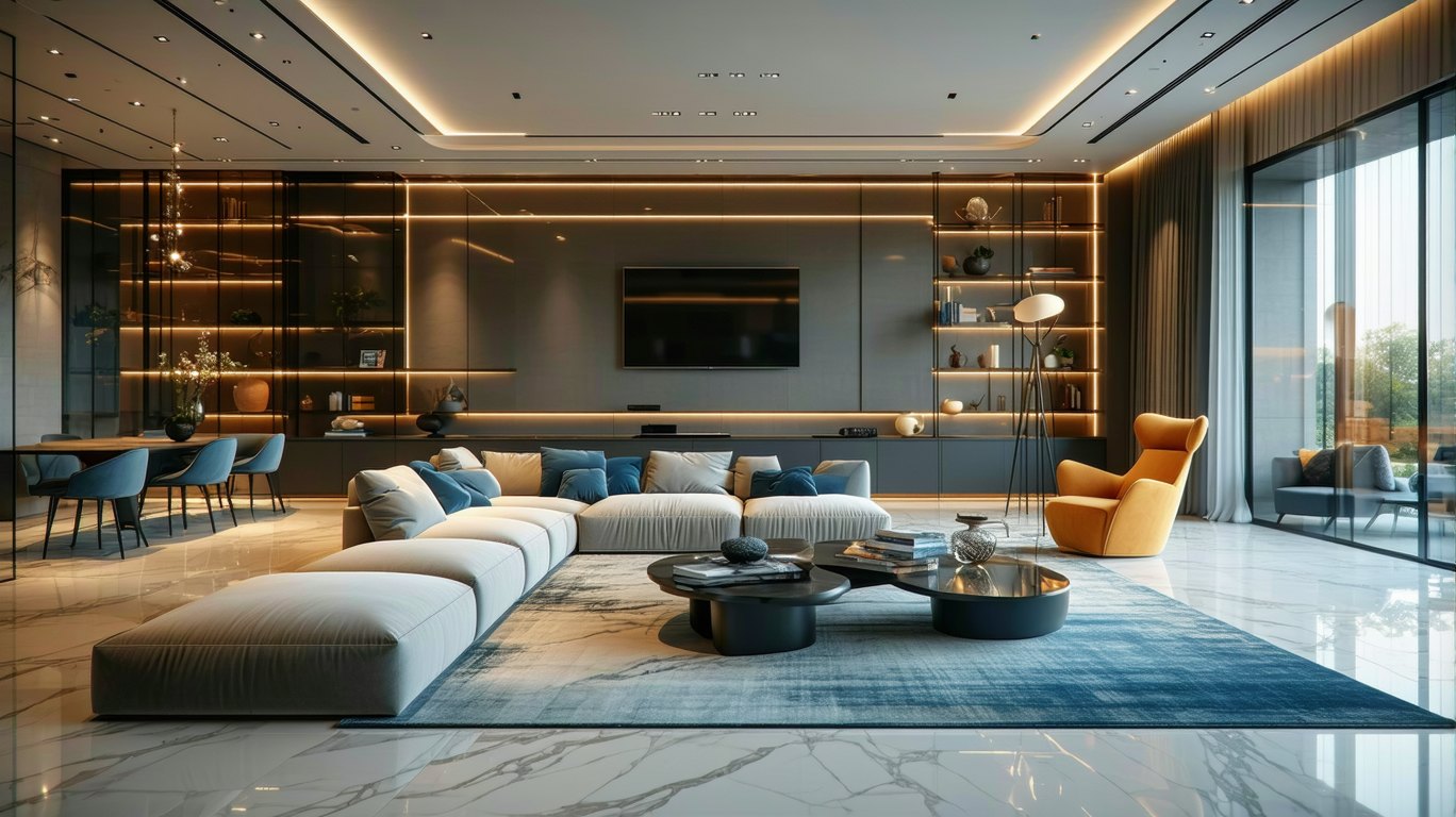 Stable Diffusion prompt: Elegant modern living room inter...