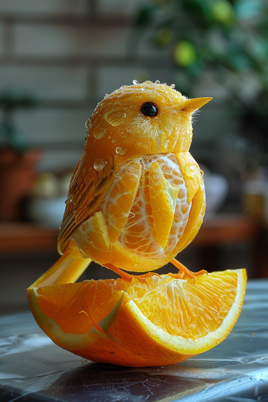 AI generated: Midjourney prompt: a little bird made of a fresh orange that has been... (Midjourney - Concept Art)