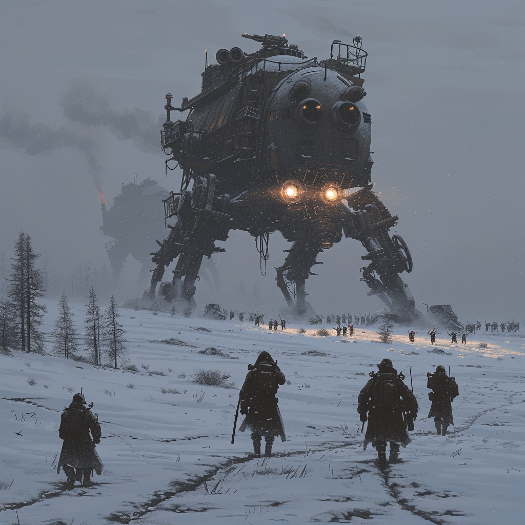 Midjourney prompt: Jakub Rozalski's Historical Fantasy: In a snowy la... - Midjourney
