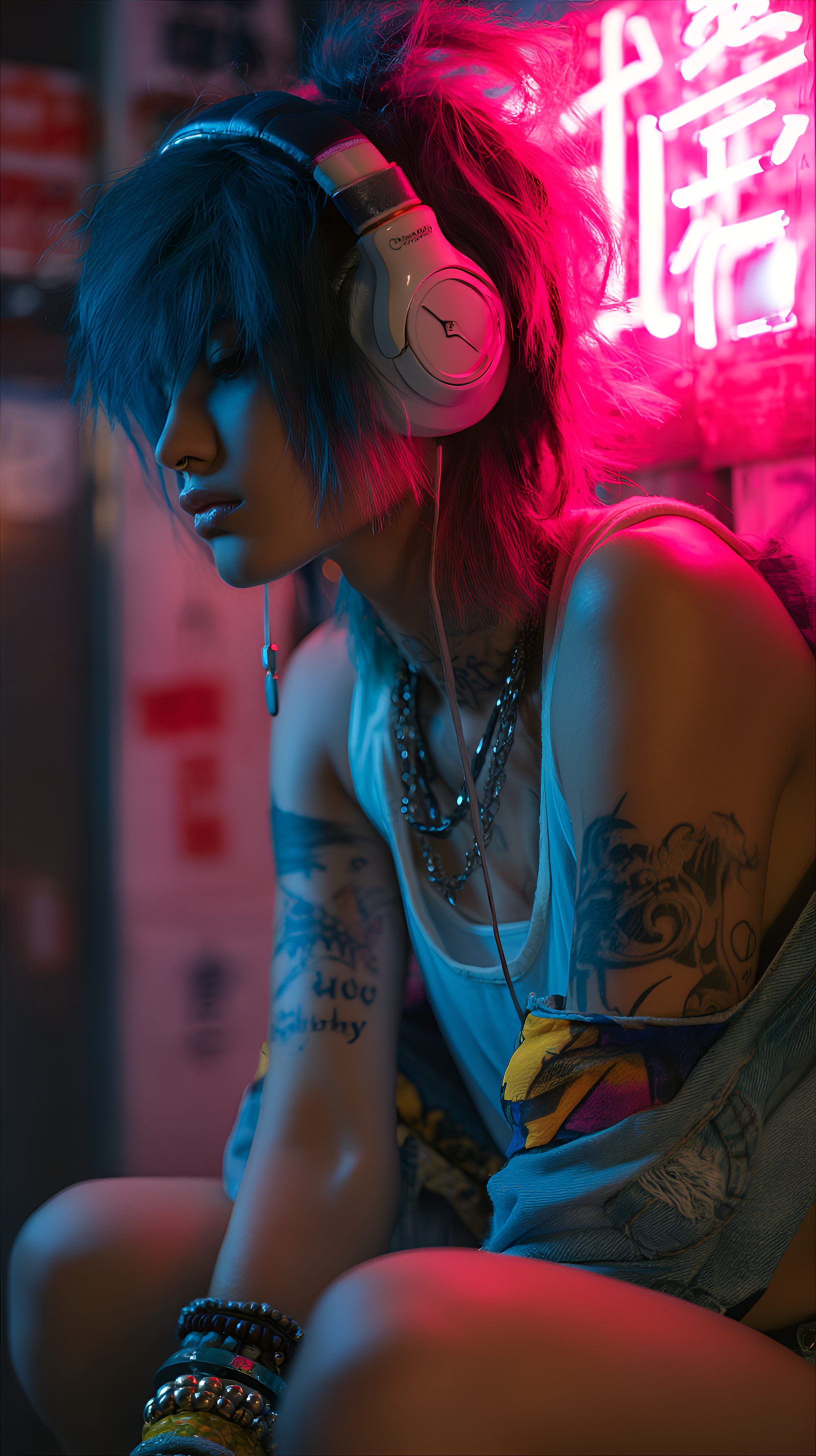 Midjourney prompt: character wearing headphones, lost in music, dark ... - Midjourney