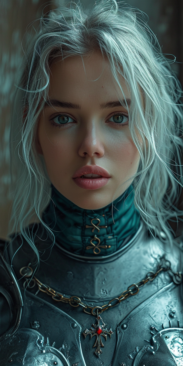 Midjourney prompt: a woman in armour, in the style of light white and... - Midjourney