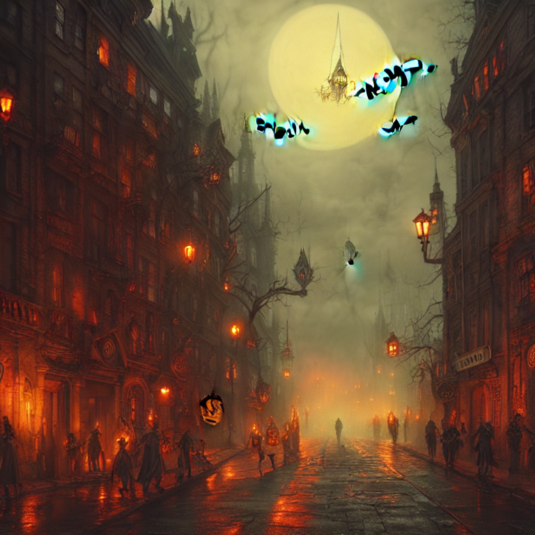 Stable Diffusion prompt: Halloween Street, creepy haunted...