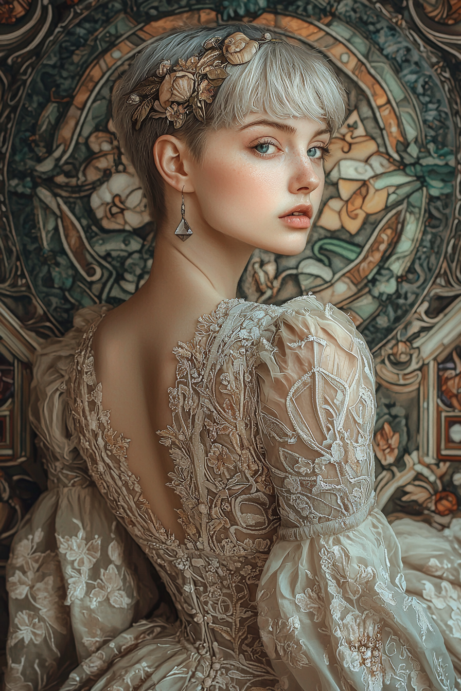 Midjourney prompt: A captivating portrait of a woman with short silve... - Midjourney