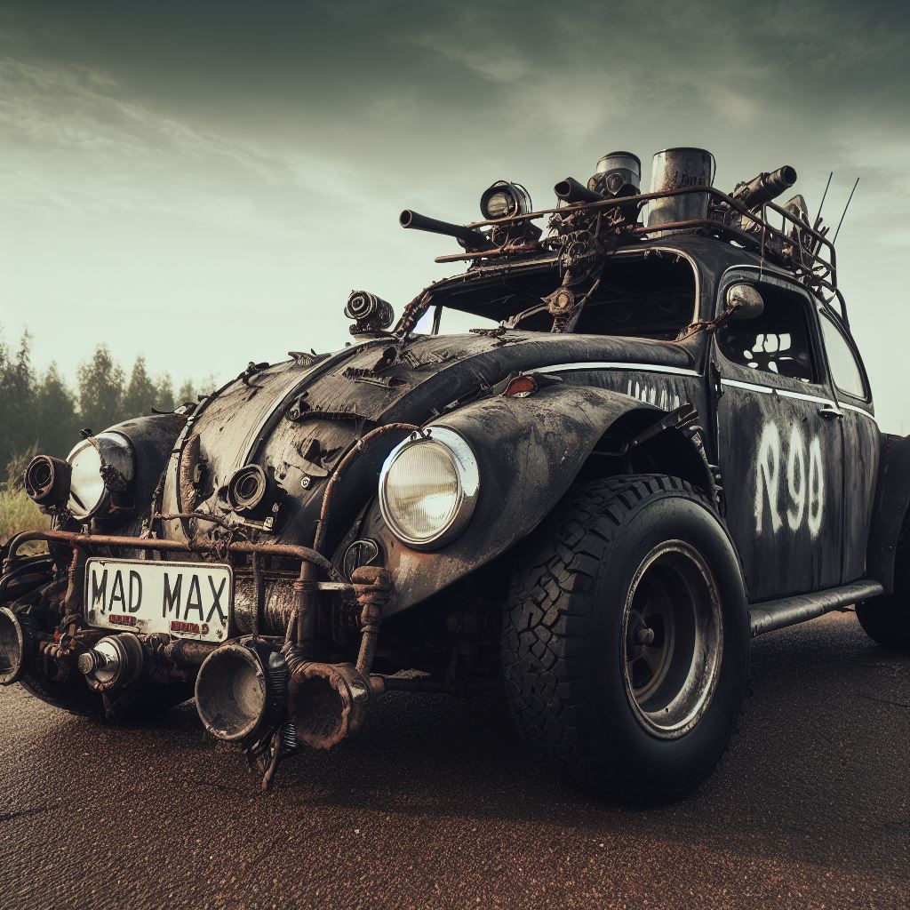 صورة مولدة بالذكاء الاصطناعي: DALL·E prompt: A VW beetle, Mad max style in wasteland (نموذج DALL·E - فن مفاهيمي)