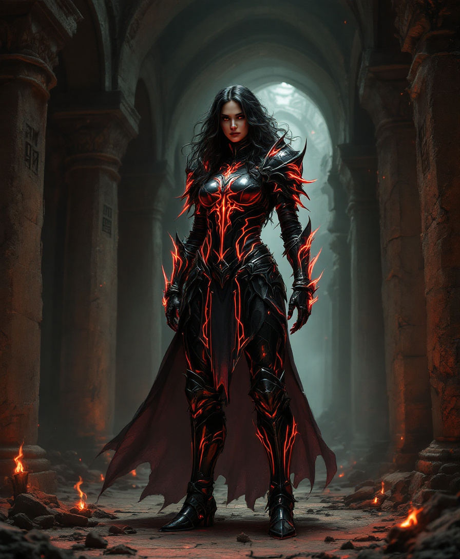 FLUX prompt: The female warrior stands in the eerie depth...