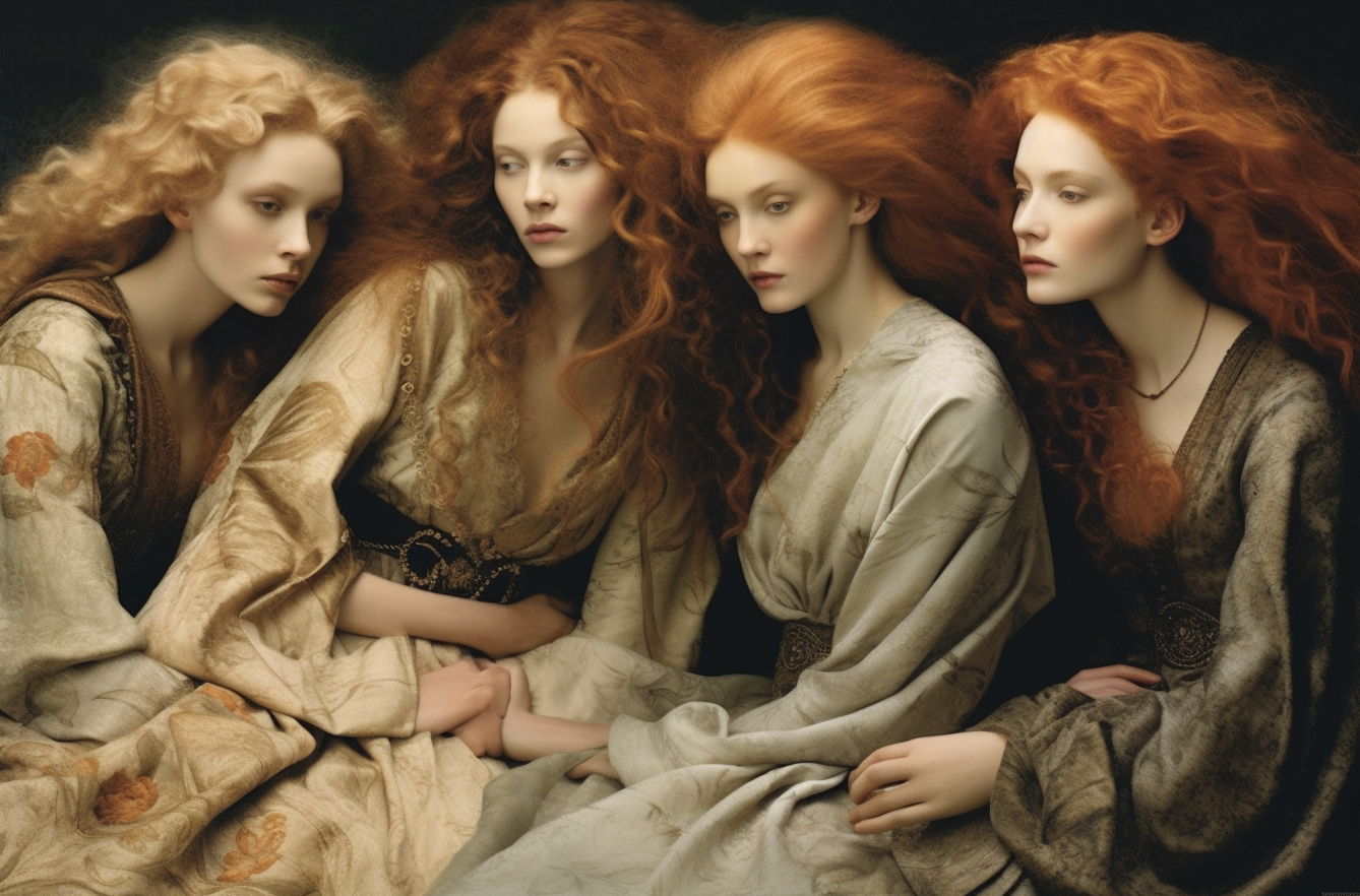 AI generated: Midjourney prompt: a group of women sitting next to each other, by An... (Midjourney - Fashion)