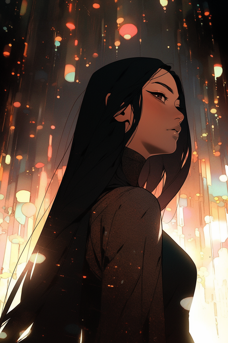 Midjourney prompt: A fierce anime character deep in thought, with lon... - Midjourney