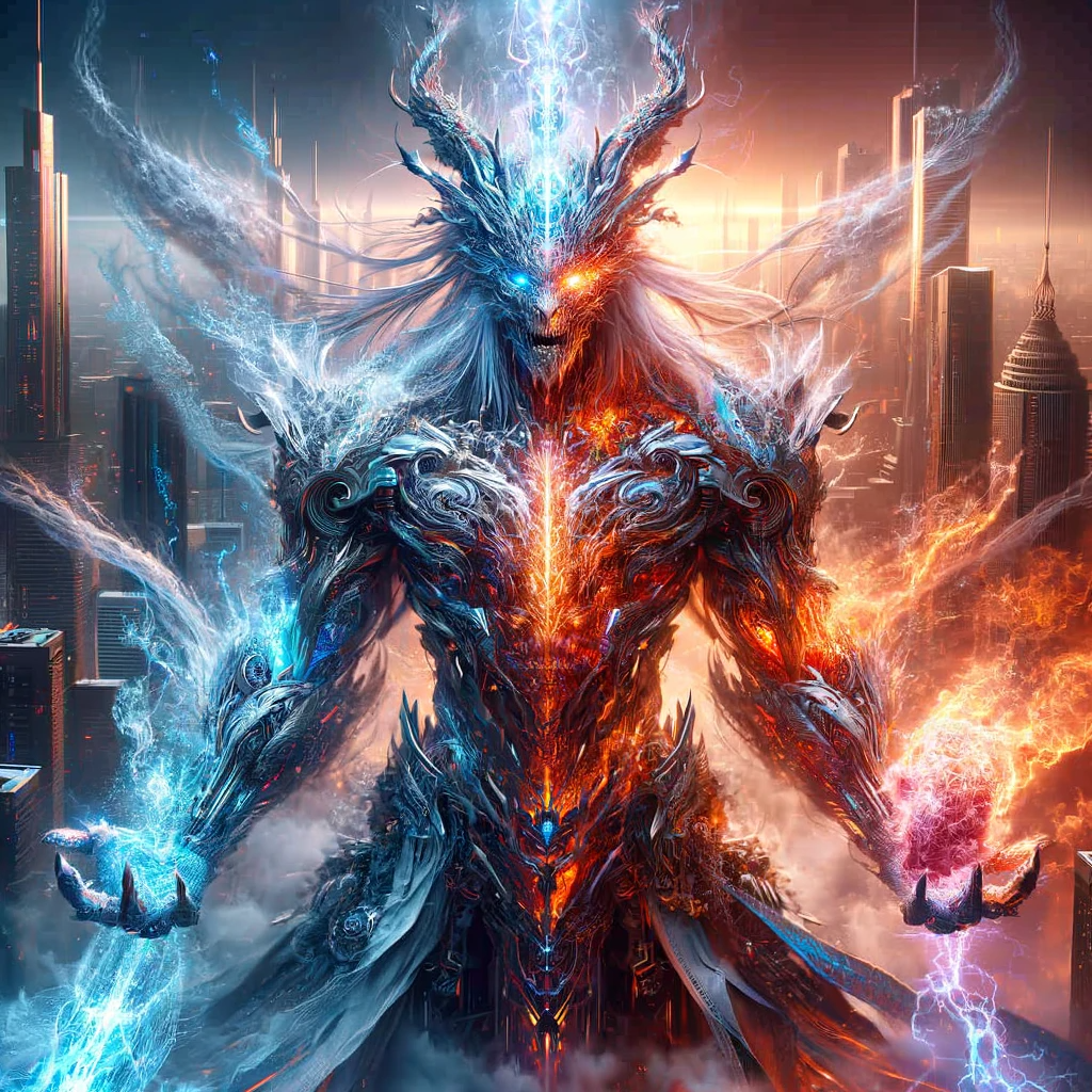 AI generated: The Fire/Ice Guardian:Elemental Sentinel (ChatGPT Image - Character Design)