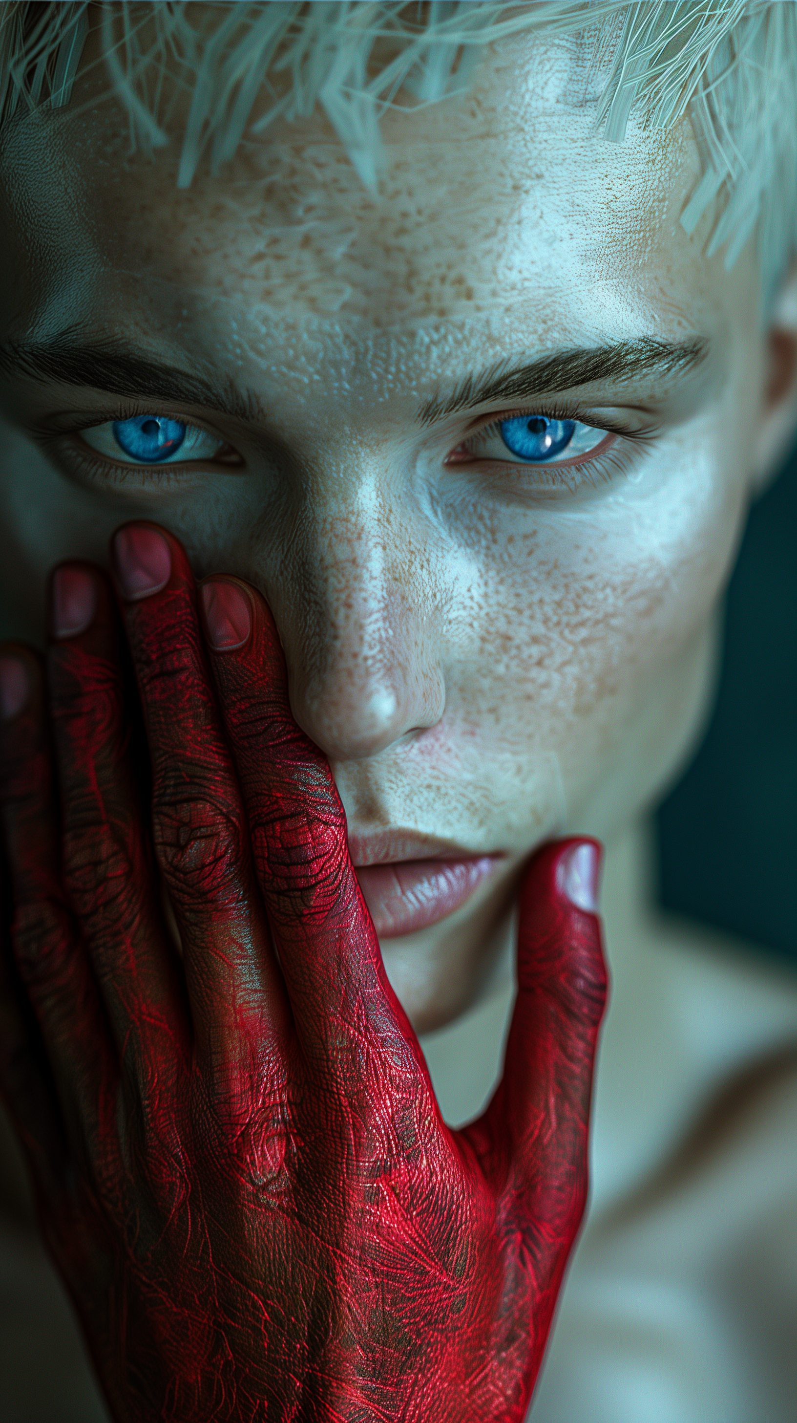 AI generated: Midjourney prompt: close-up portrait of a man with pale skin and stri... (Midjourney - Portraits)