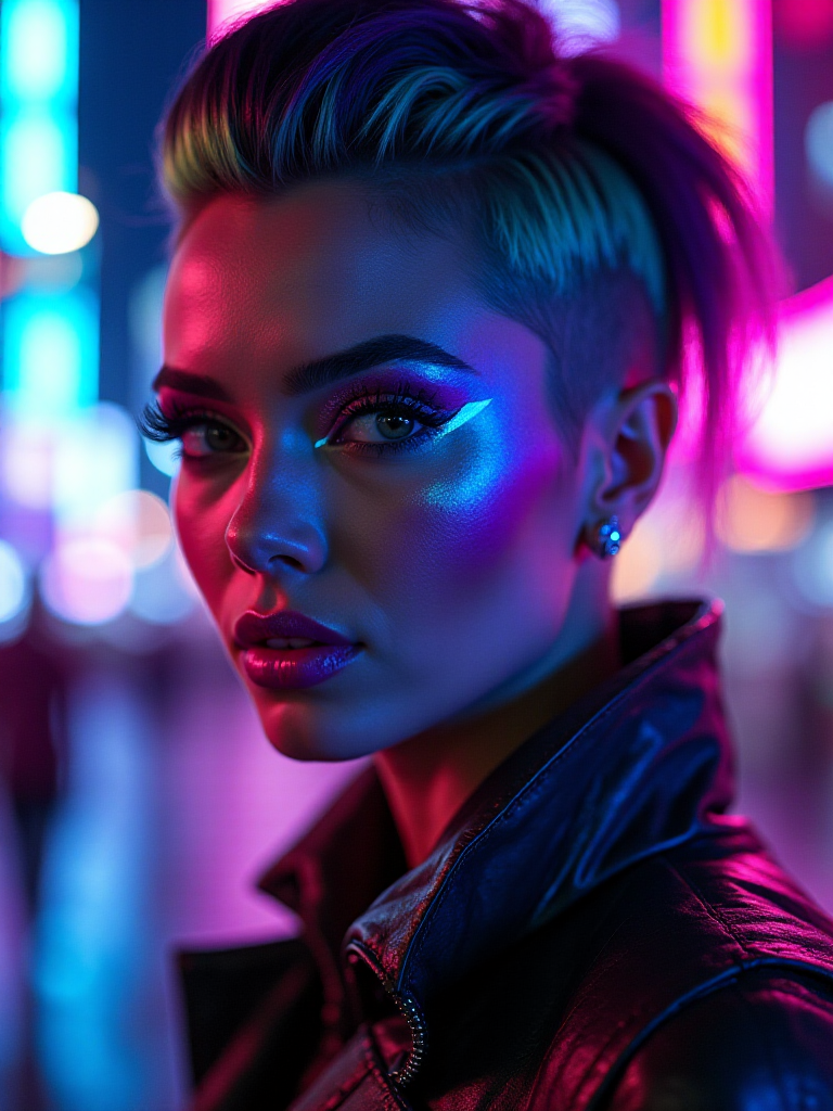 AI generated: FLUX prompt: A close-up portrait of a woman in a vibrant cyberp... (FLUX - Portraits)