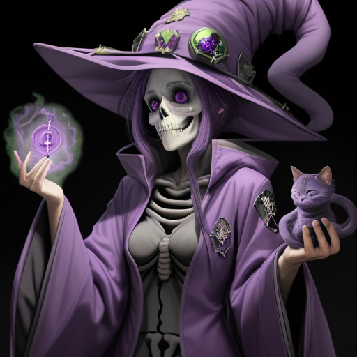 صورة مولدة بالذكاء الاصطناعي: DreamShaper prompt: a female skeleton wizard wearing a purple wizard h... (نموذج DreamShaper - أنمي)