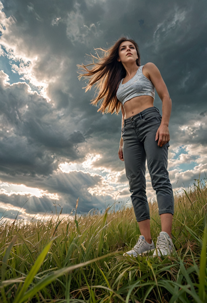 Stable Diffusion prompt: photograph of a woman standing in an overgrown gra... - Stable Diffusion