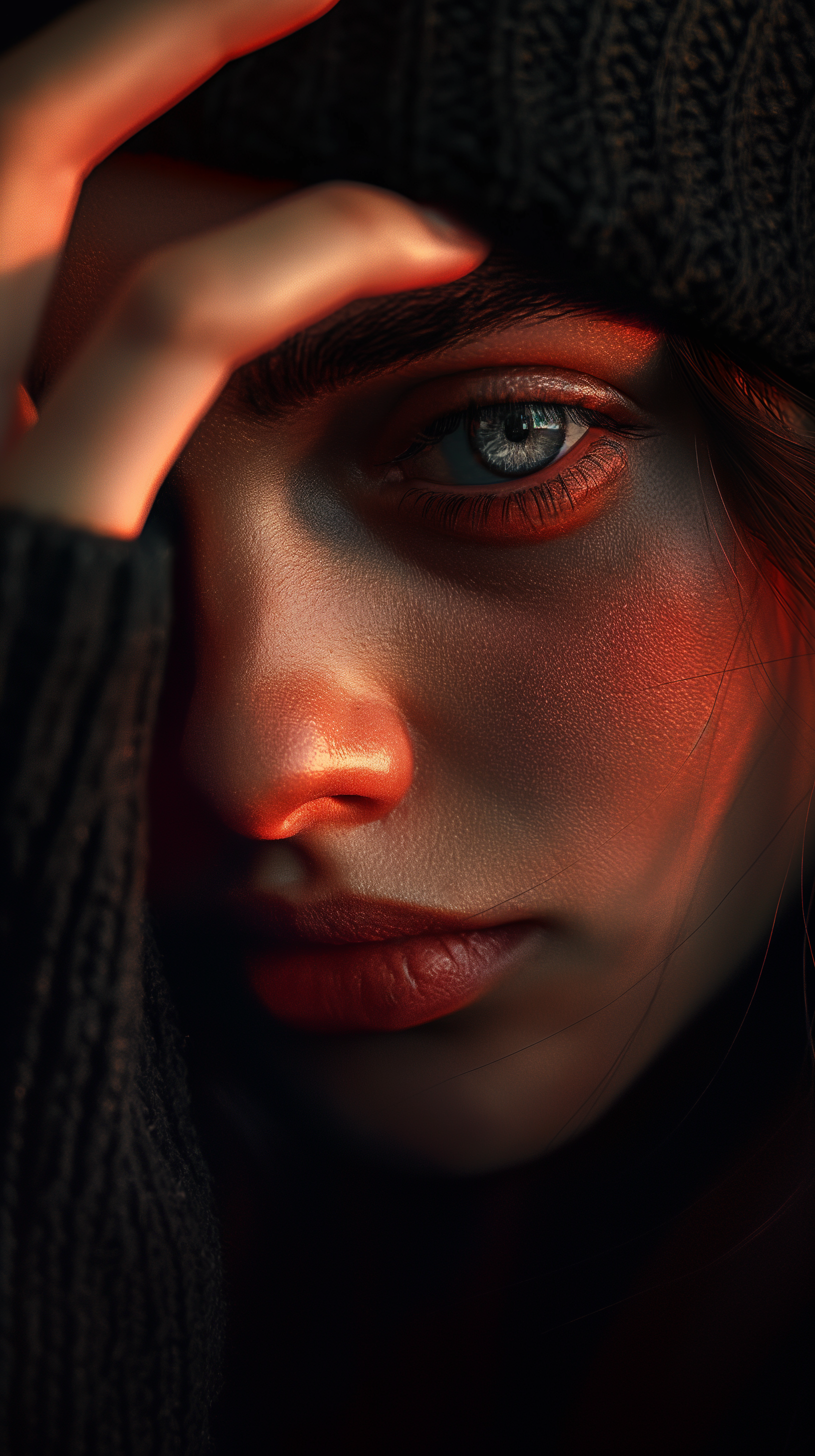 AI generated: Midjourney prompt: image of a woman with a thoughtful expression, cov... (Midjourney - Portraits)