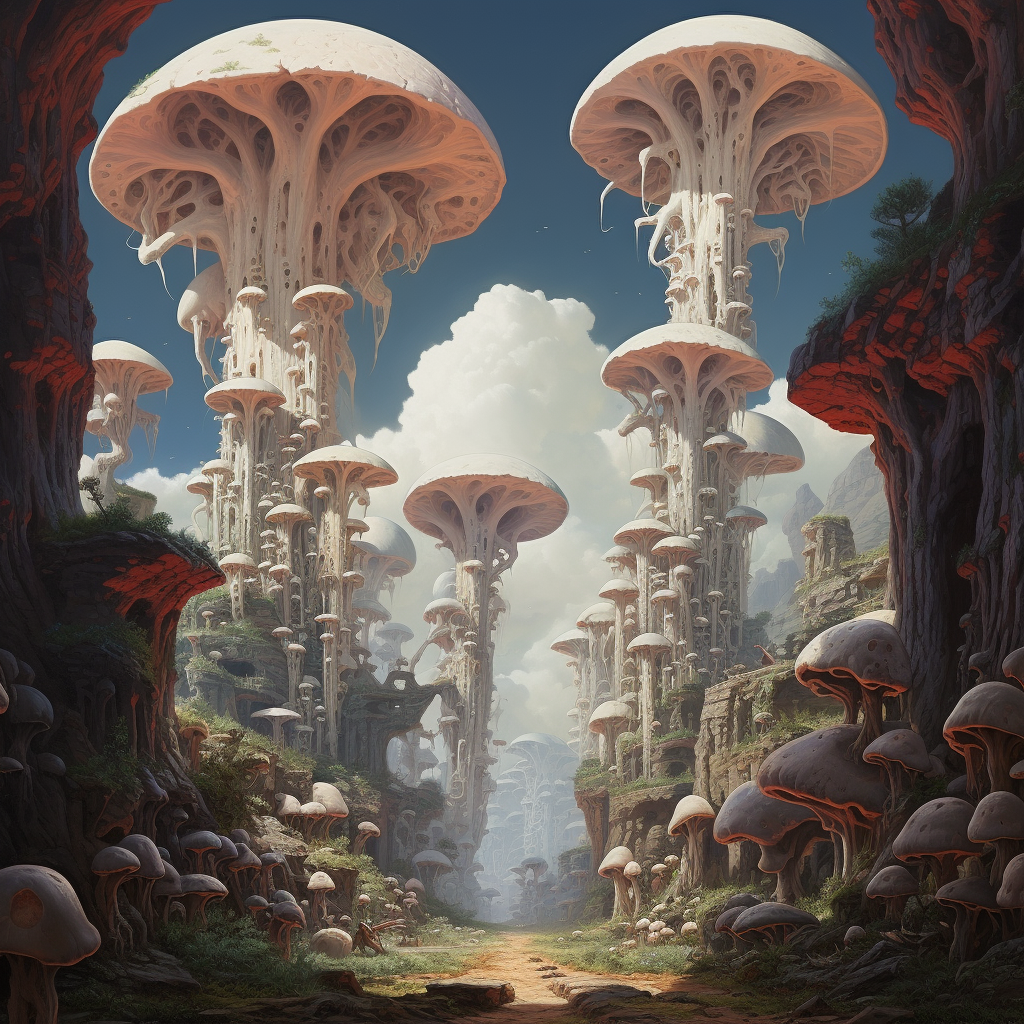AI generated: Midjourney prompt: an abstract painting of skulls and giant mushrooms... (Midjourney - Concept Art)