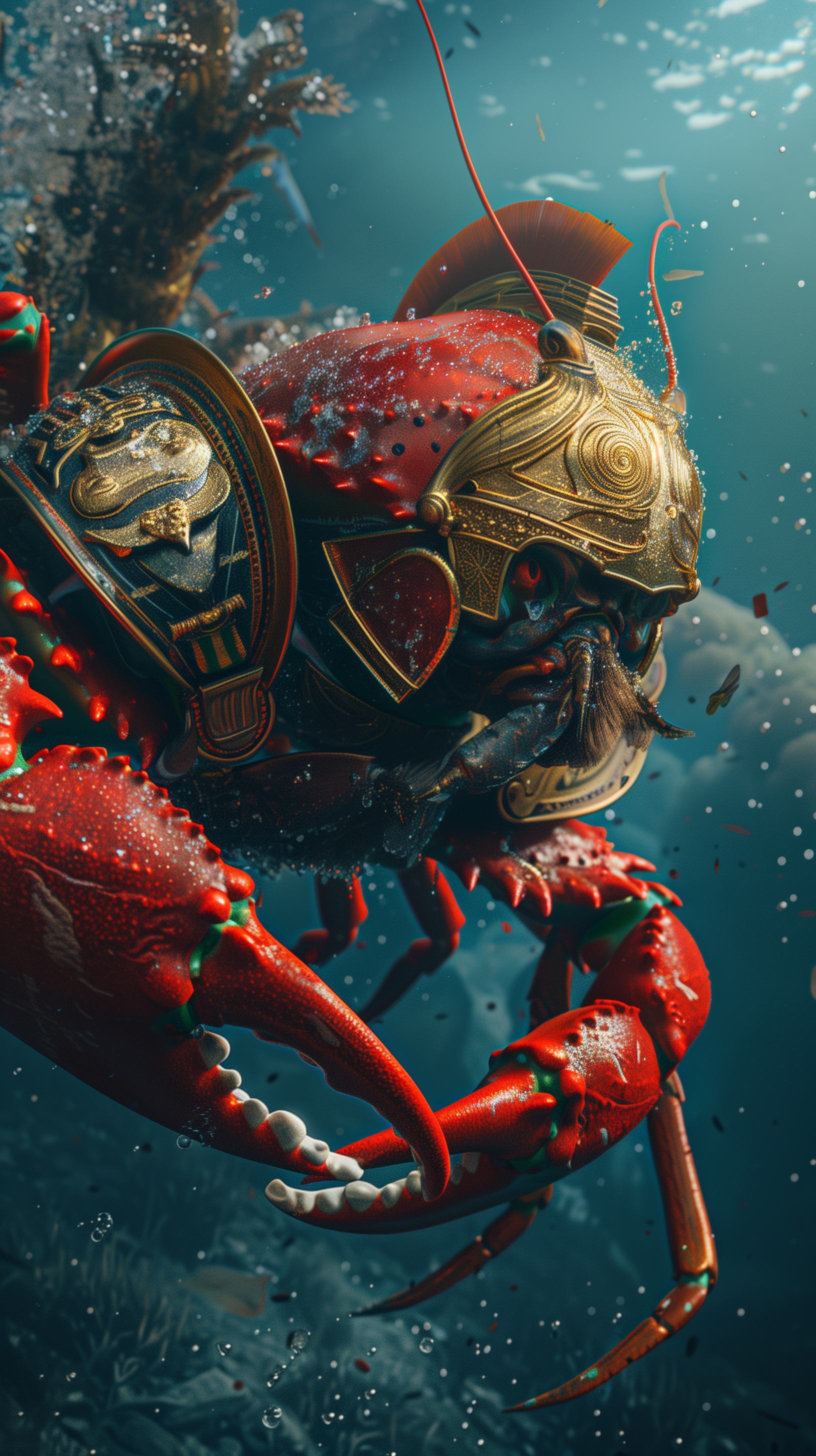 AI generated: Midjourney prompt: A crab wearing ancient bright red and gold Roman h... (Midjourney - Concept Art)
