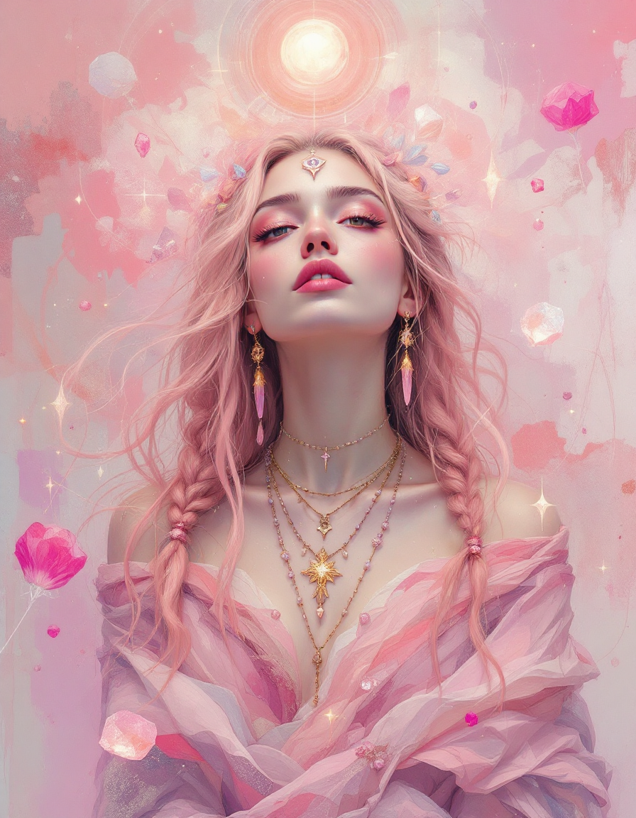صورة مولدة بالذكاء الاصطناعي: FLUX prompt: "Rose Quartz Mystic in a Realm of Souls": A mesmer... (نموذج FLUX - فن مفاهيمي)