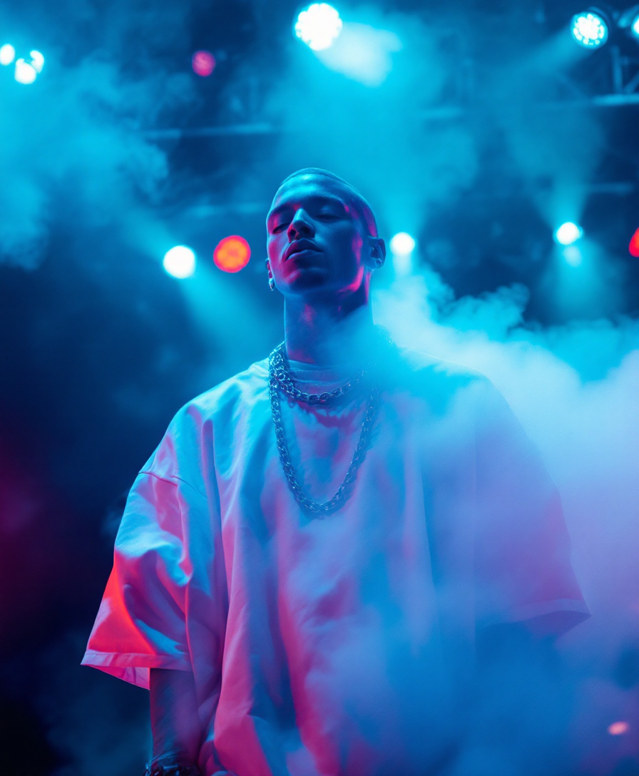FLUX prompt: color photography of white-skinned rapper wi...