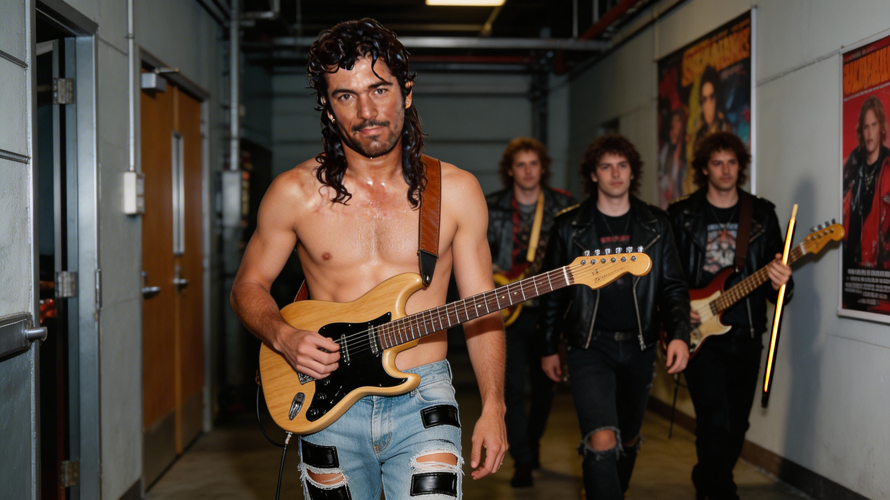 AI generated: Seedream 5 prompt: A shirtless Rock musician walks down a backstage c... (Seedream 5 - Concept Art)
