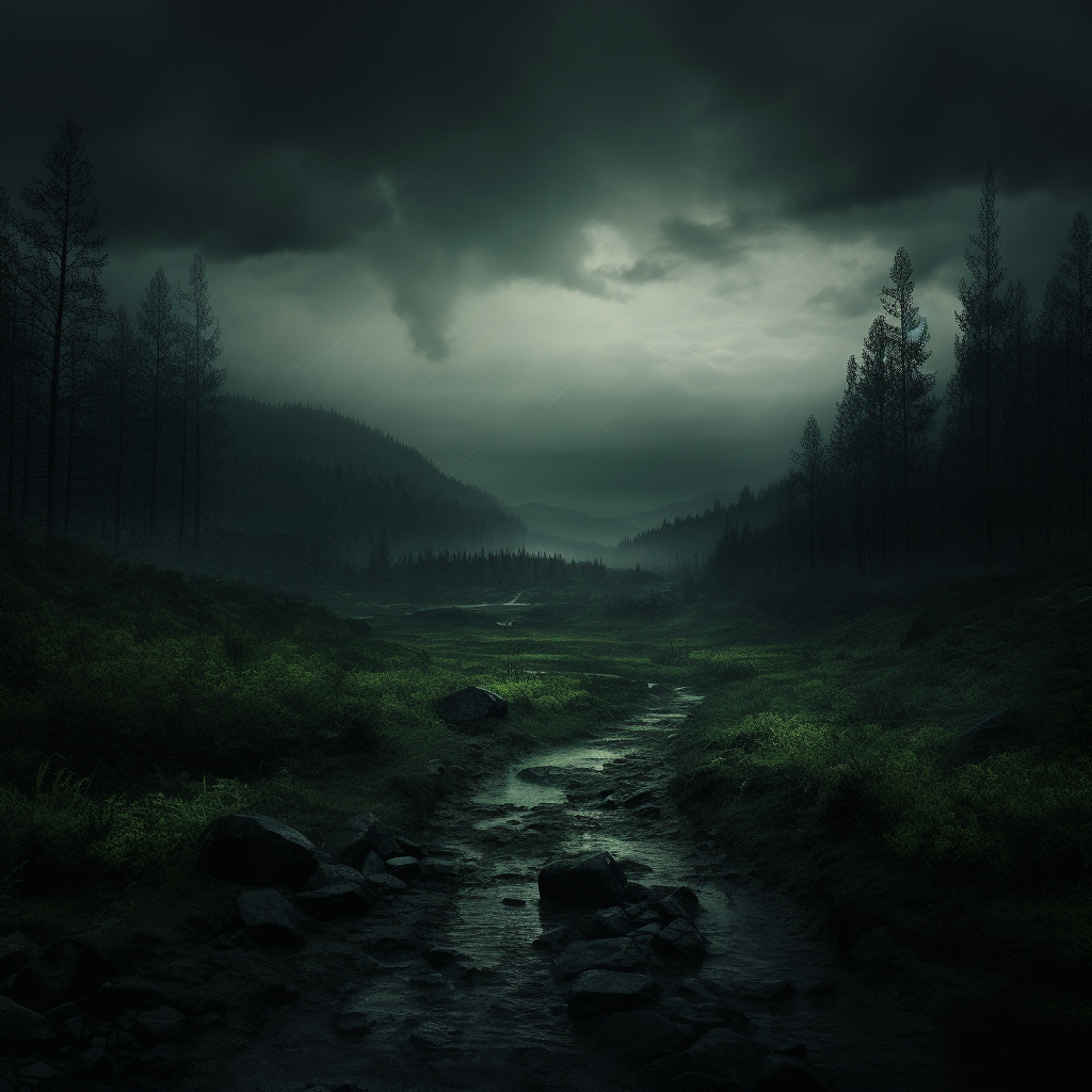 AI generated: Midjourney prompt: Dark and green landscape embodying elements of psy... (Midjourney - Landscapes)