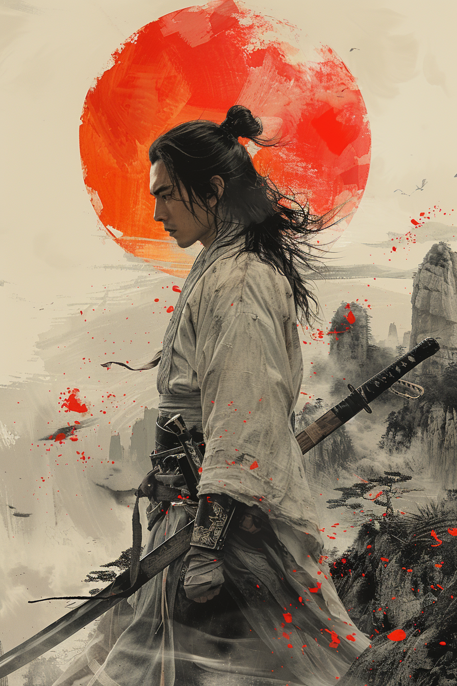 AI generated: Midjourney prompt: Asian-styled illustration of a man holding a sword... (Midjourney - Character Design)