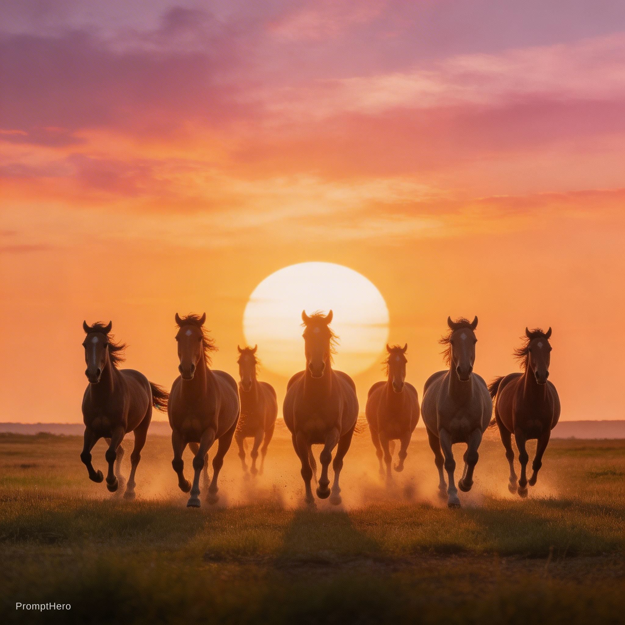 صورة مولدة بالذكاء الاصطناعي: Seedream 5 prompt: 7 horses running towards sun (نموذج Seedream 5 - فن مفاهيمي)