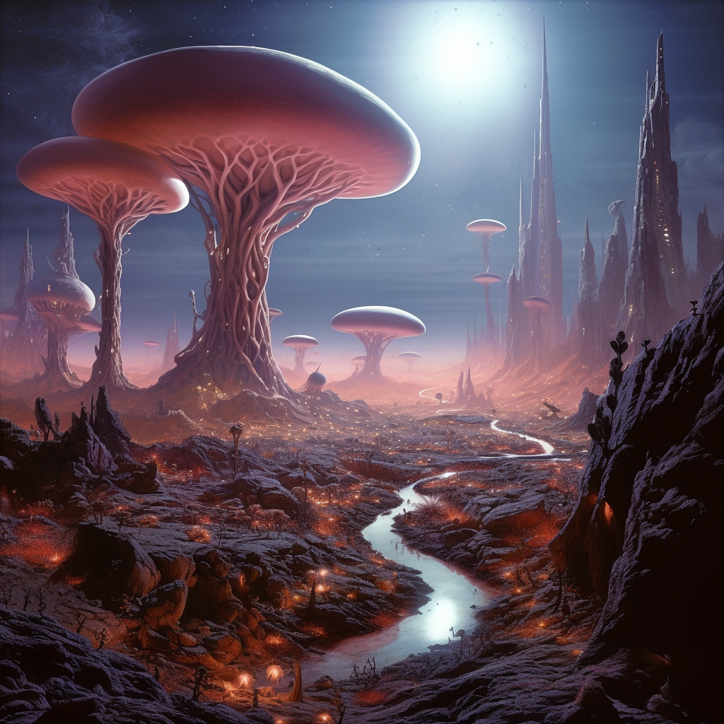 AI generated: Midjourney prompt: Alien planet, Alien life (Midjourney - Landscapes)