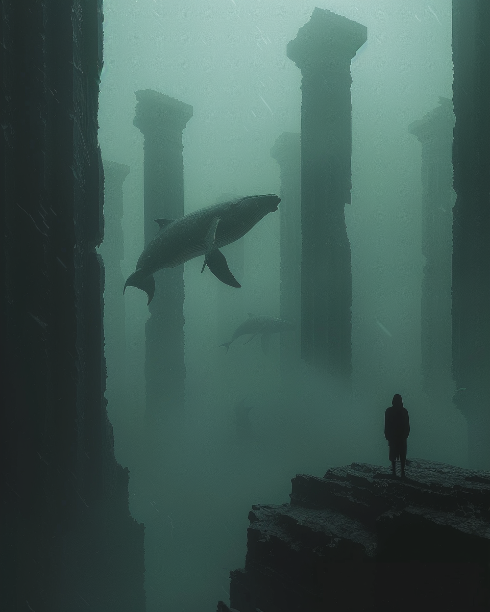 AI generated: Midjourney prompt: A dark minimalist digital painting with fog, tall ... (Midjourney - Landscapes)
