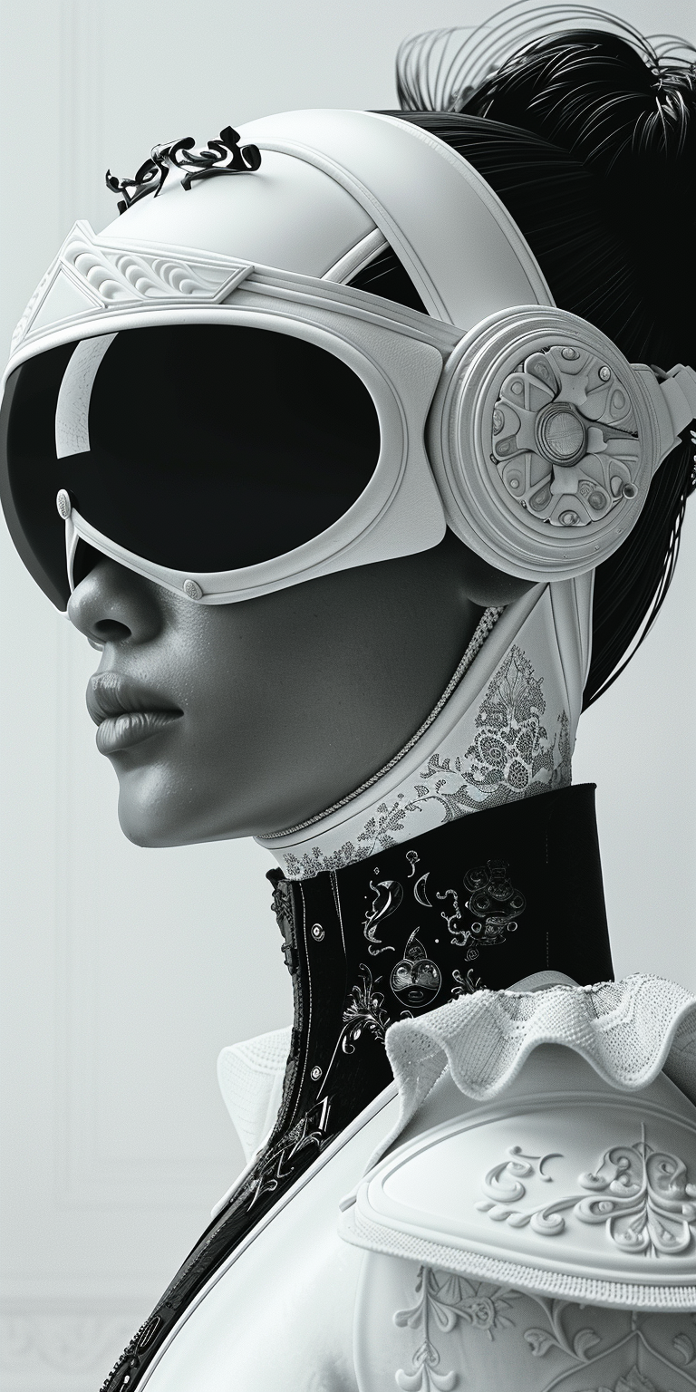 Midjourney prompt: an image of a futuristic woman in a robotic head g... - Midjourney