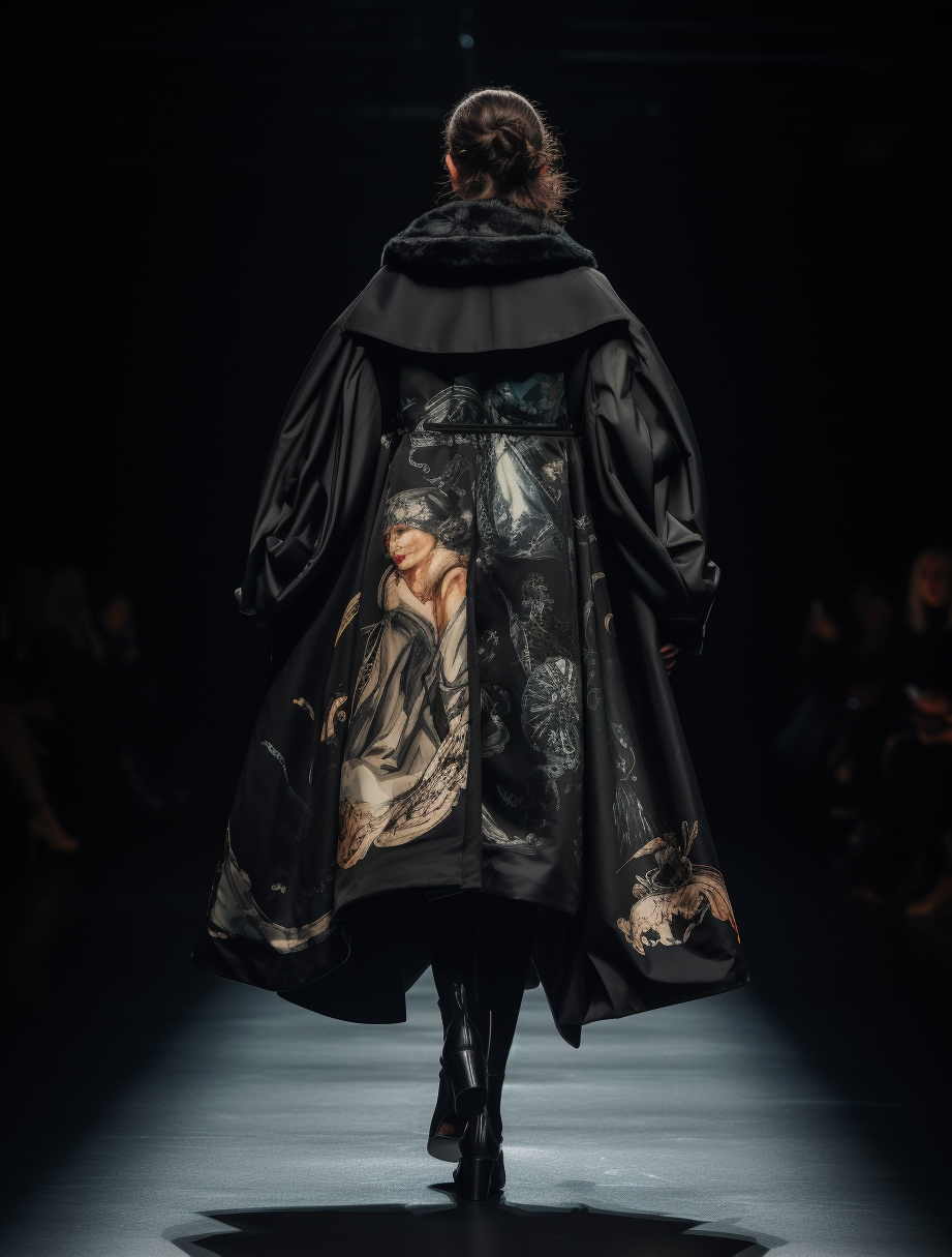 AI generated: Midjourney prompt: a woman walking down a runway wearing a black coat... (Midjourney - Fashion)