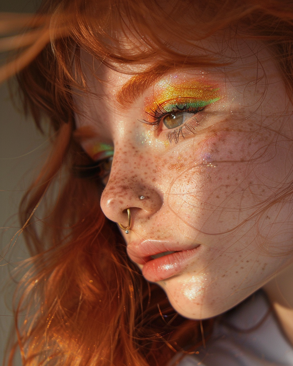 Midjourney prompt: photo of woman with red hair, rainbow eyeshadow an... - Midjourney