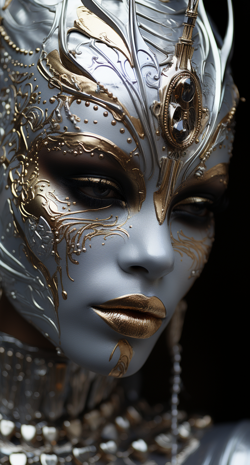 Midjourney prompt: black woman in silver mask with eyes and silver ma... - Midjourney