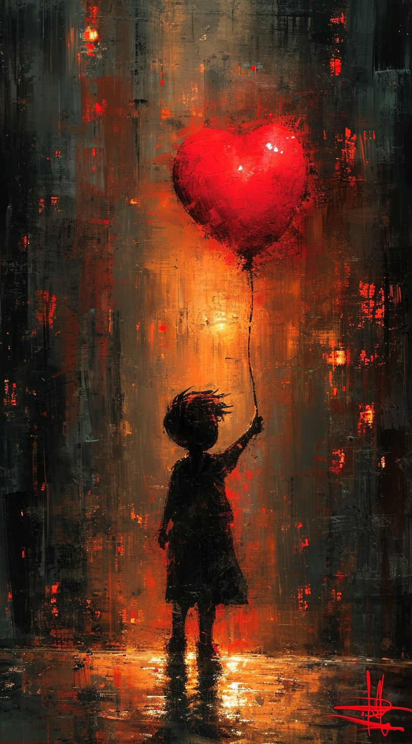 AI generated: Midjourney prompt: a poster depicts a boy holding a heart shaped ball... (Midjourney - Concept Art)