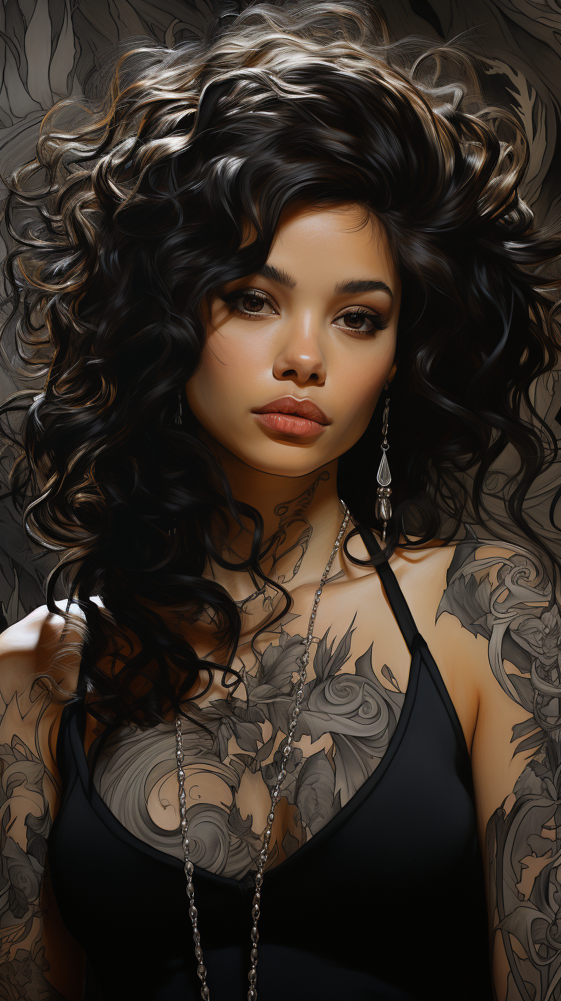 صورة مولدة بالذكاء الاصطناعي: Midjourney prompt: a black tattooed woman in , with hand on her shoul... (نموذج Midjourney - صور شخصية)