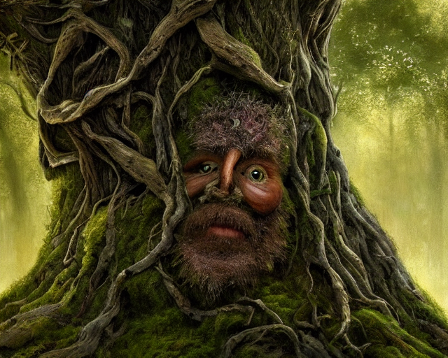 Stable Diffusion prompt: a talking oak tree, a face in th...