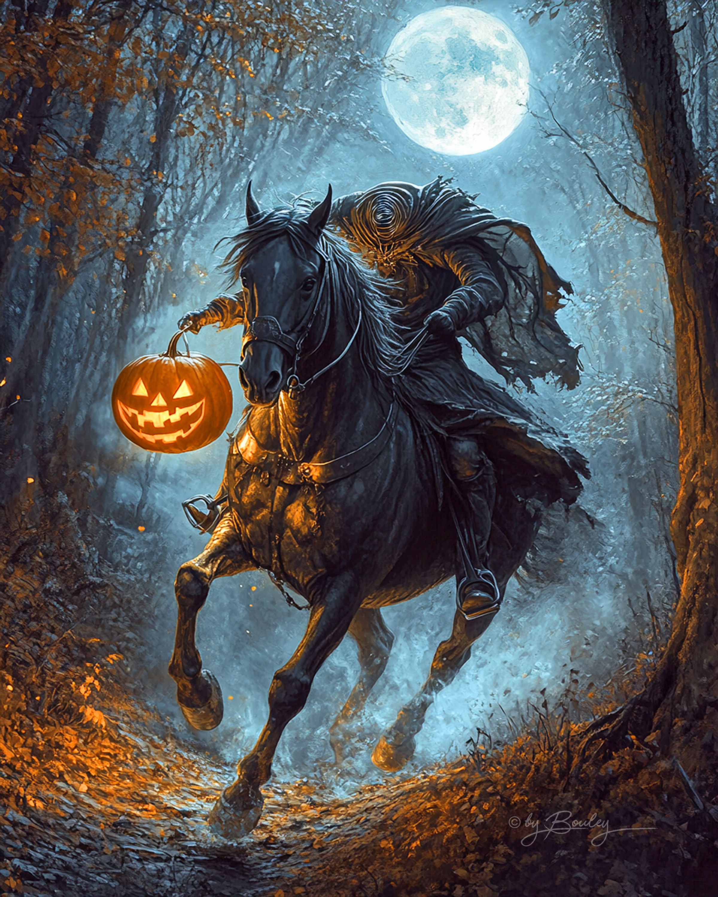 Midjourney prompt: On a Halloween night, the headless rider of a blac... - Midjourney