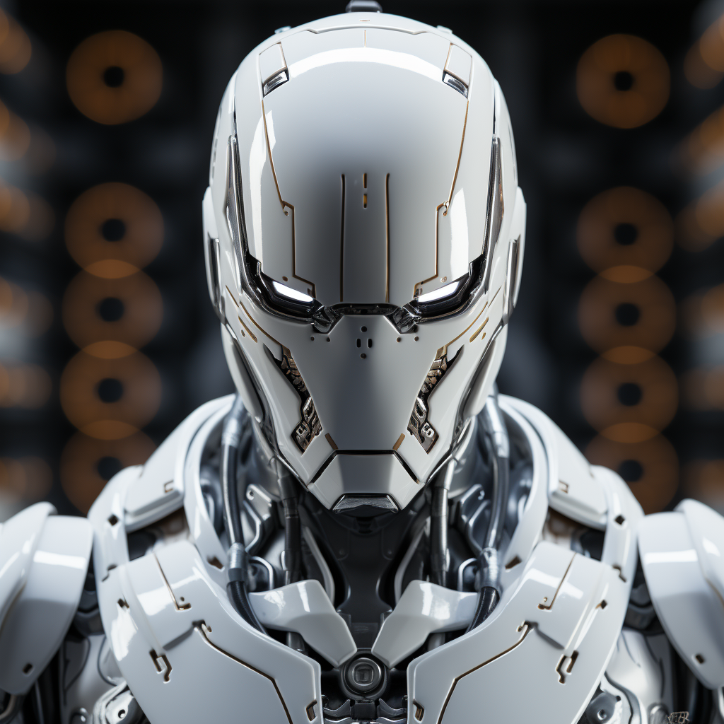 صورة مولدة بالذكاء الاصطناعي: Midjourney prompt: an image of a white robot with mask, in the style ... (نموذج Midjourney - Character Design)