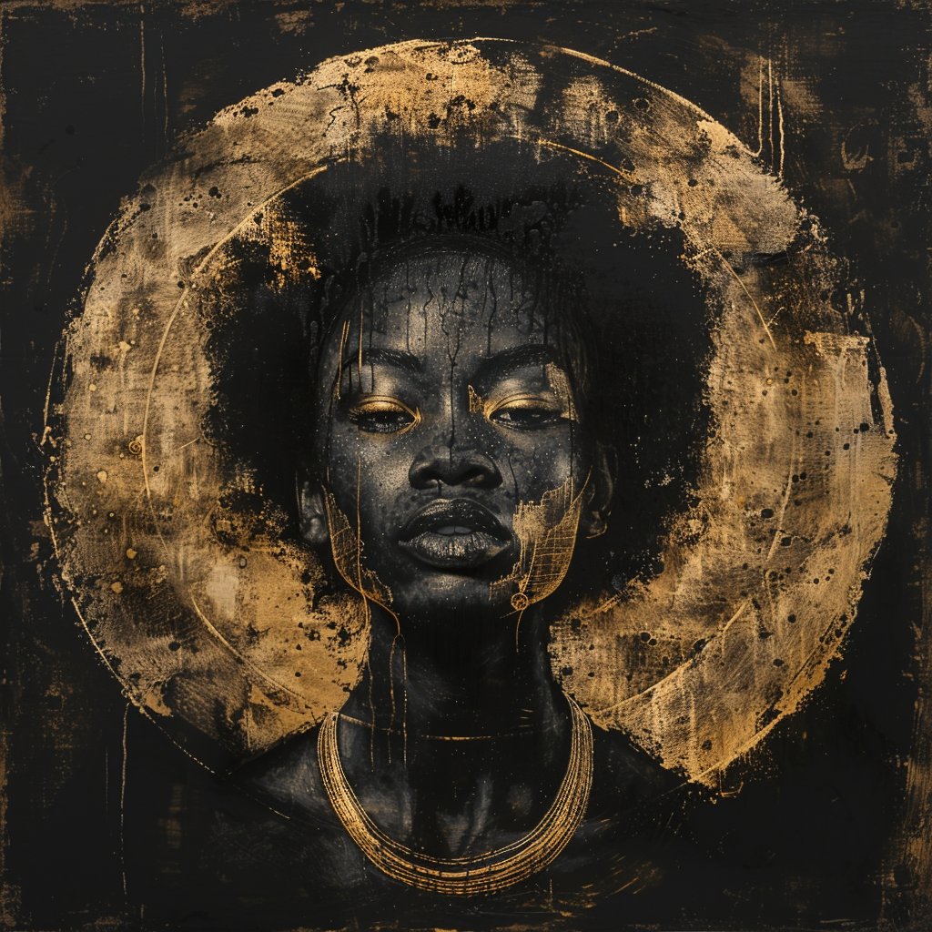 AI generated: Midjourney prompt: A portrait of an African woman, painted in black a... (Midjourney - Portraits)