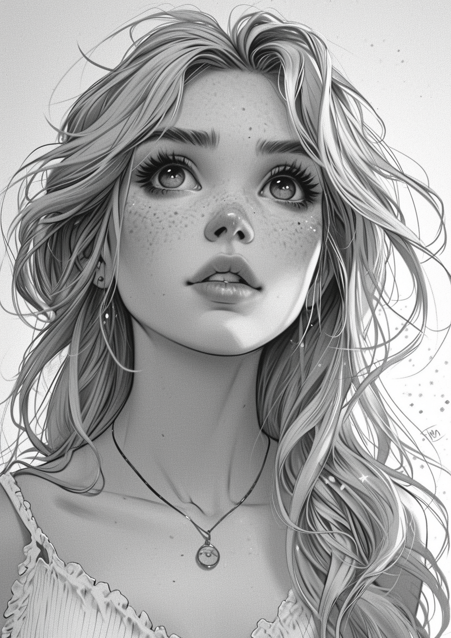 Midjourney prompt: drawing of a girl with long hair and big eyes, in ... - Midjourney