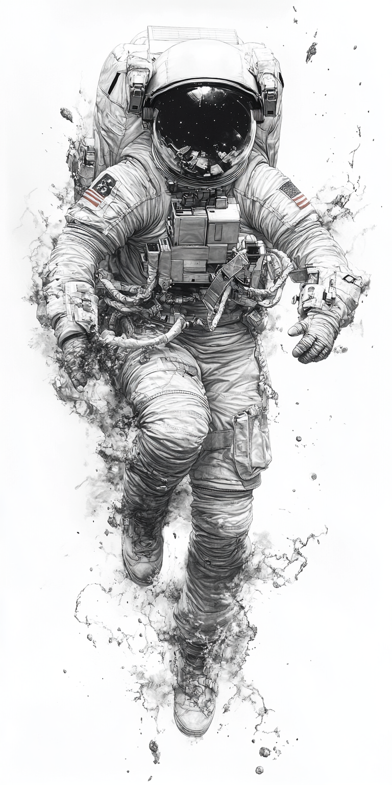 AI generated: Midjourney prompt: drawing of a petits female astronaut in full space... (Midjourney - Portraits)