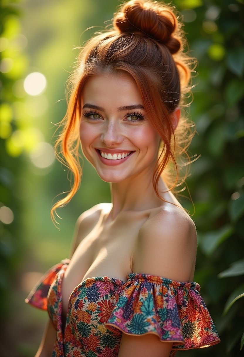 AI generated: FLUX prompt: photograph of a wwoman, auburn hair in a bun, happ... (FLUX - Photography)