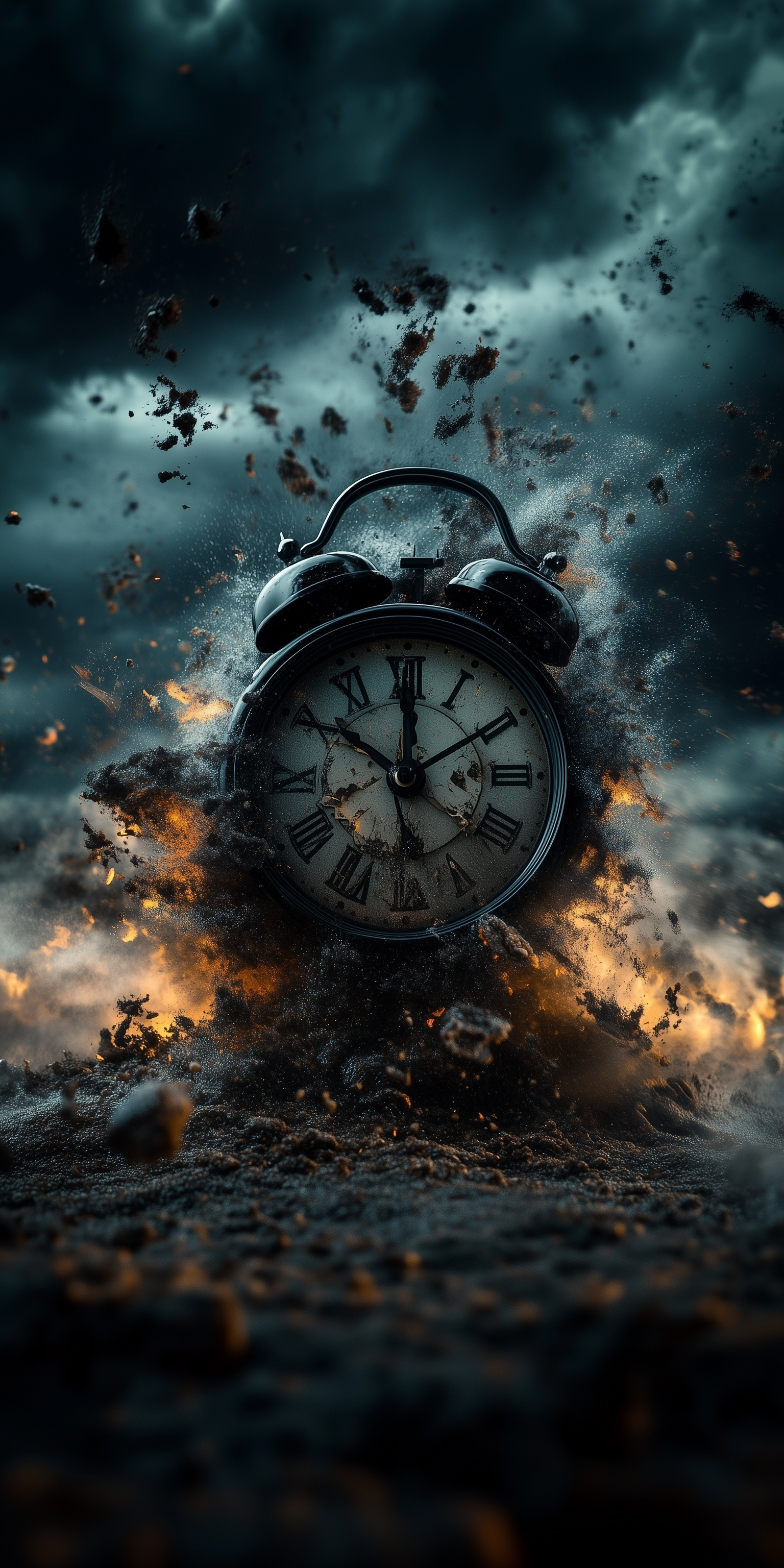 AI generated: Midjourney prompt: A broken clock exploding on the ground, with dark ... (Midjourney - Photography)
