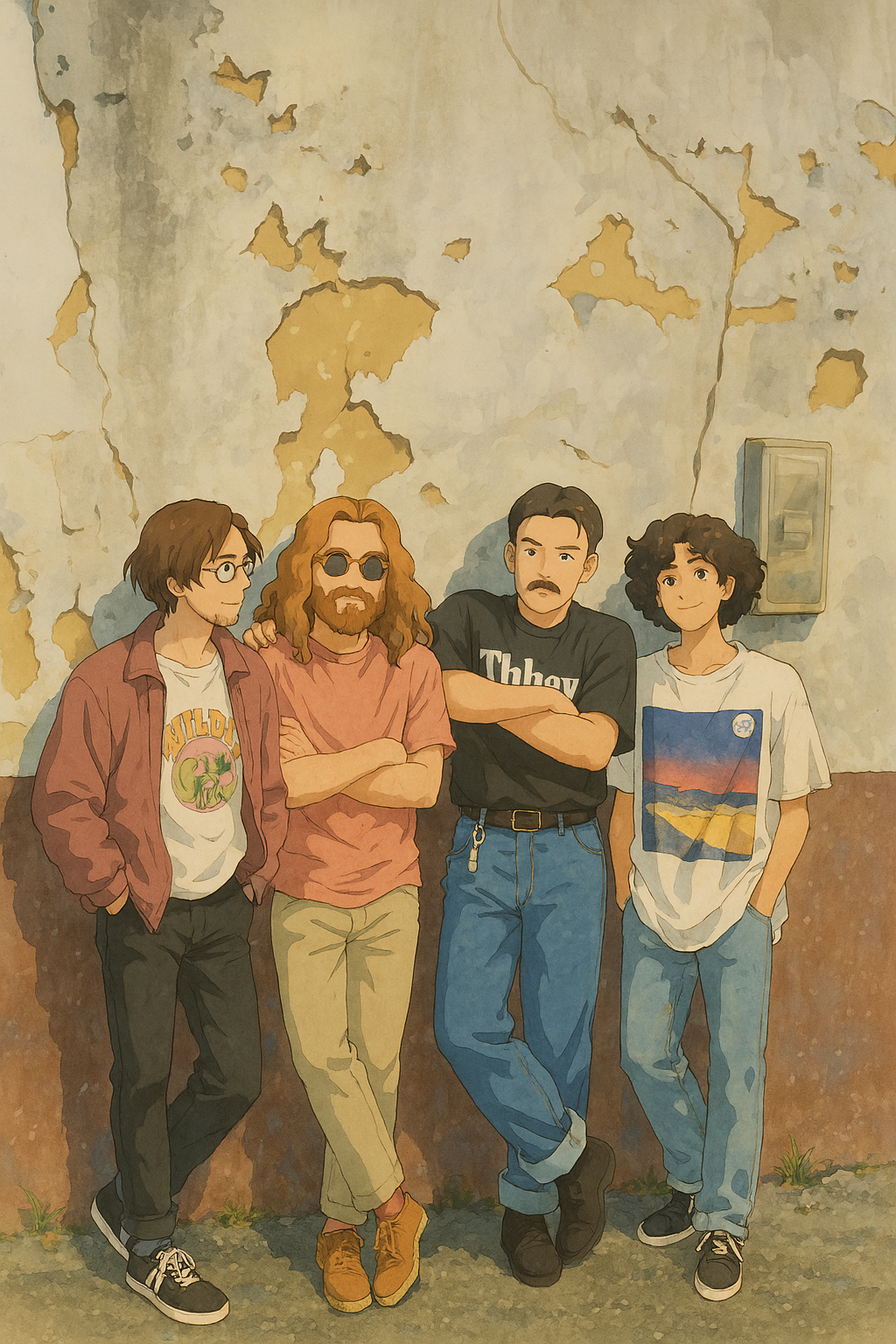 AI generated: ChatGPT Image prompt: A group of four young men casually hanging out aga... (ChatGPT Image - Anime)