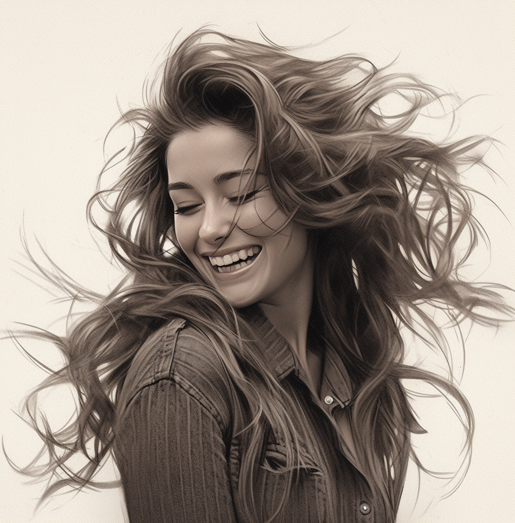 Midjourney prompt: a portrait of laughing woman with long hair is dra... - Midjourney