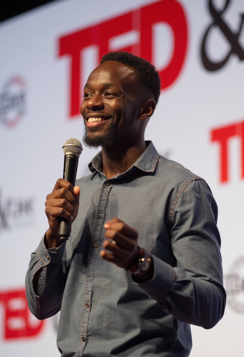 AI generated: FLUX prompt: close up of a joung African man smiling while spea... (FLUX - Photography)