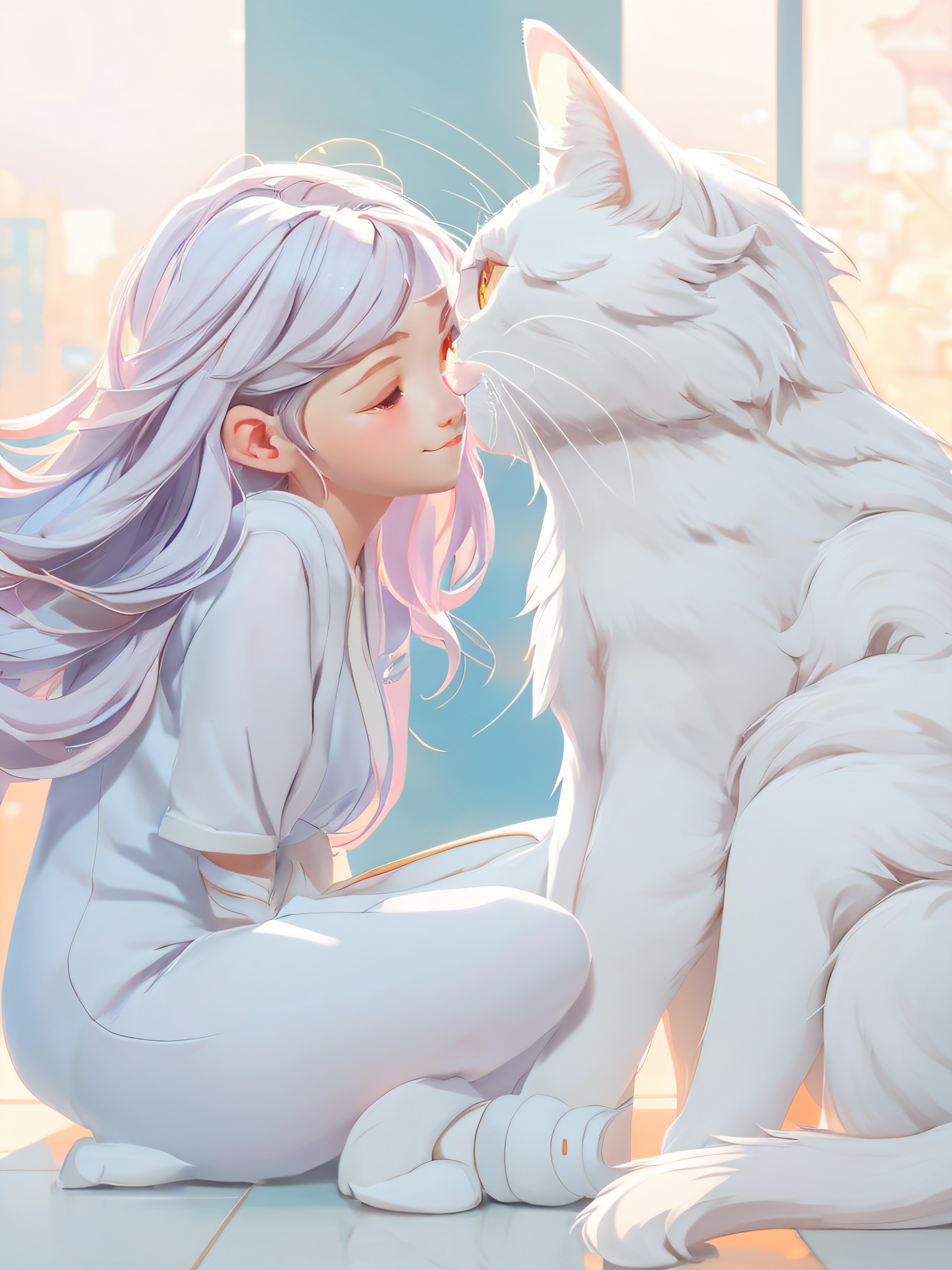 Midjourney prompt: there is a woman sitting on the floor with a cat, ... - Midjourney