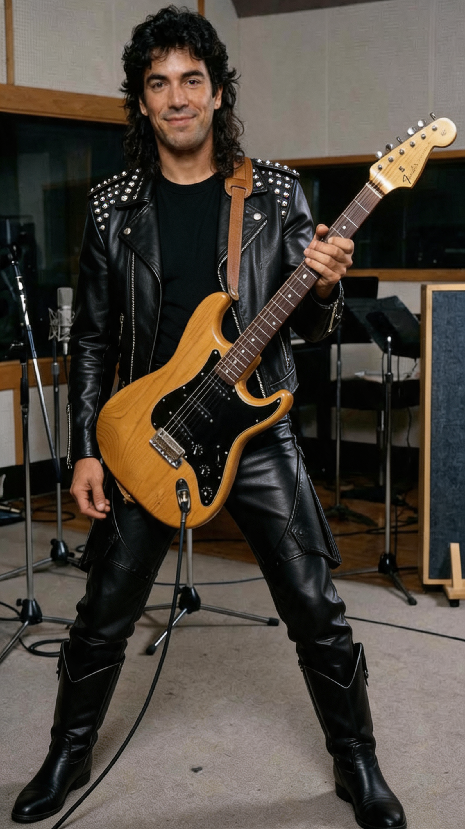صورة مولدة بالذكاء الاصطناعي: Seedream 5 prompt: 1980's Hard Rock guitar player dressed in all blac... (نموذج Seedream 5 - فن مفاهيمي)